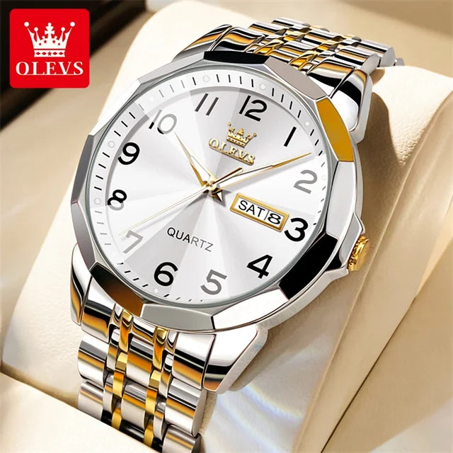 OLEVS 9970 Couple Watch - Luxury, Stainless Steel, Waterproof, Calendar, Digital Dial, Rhombus Mirror