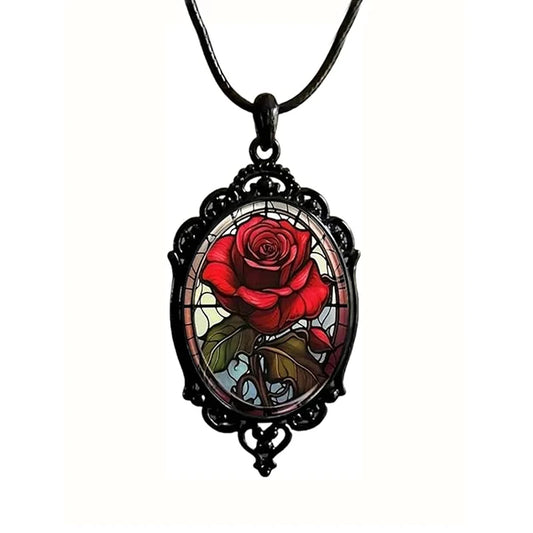 Gothic Red Rose Glass Pendant Necklace - Women's Punk Jewelry