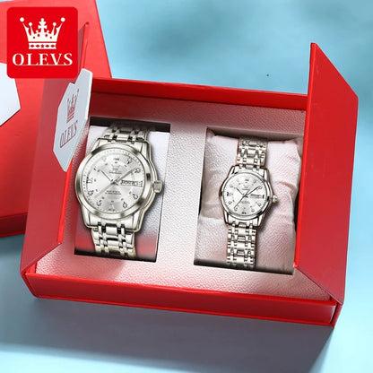 OLEVS 5513 Couple Watch - Stainless Steel, Waterproof, Luxury Gold Diamond, Lover's Pair