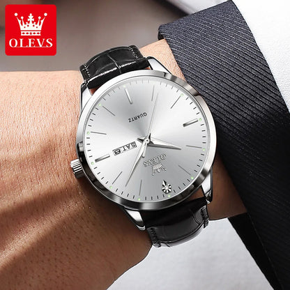 OLEVS 2935 Men's Watch - 43mm, Dual Calendar, Luminous, 3ATM Waterproof, Leather Strap