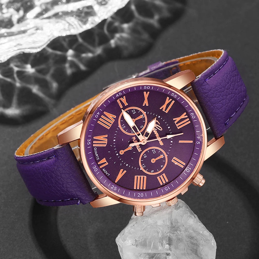 Women's Quartz Watch & Bracelet Set – Roman Numeral, Leather Band