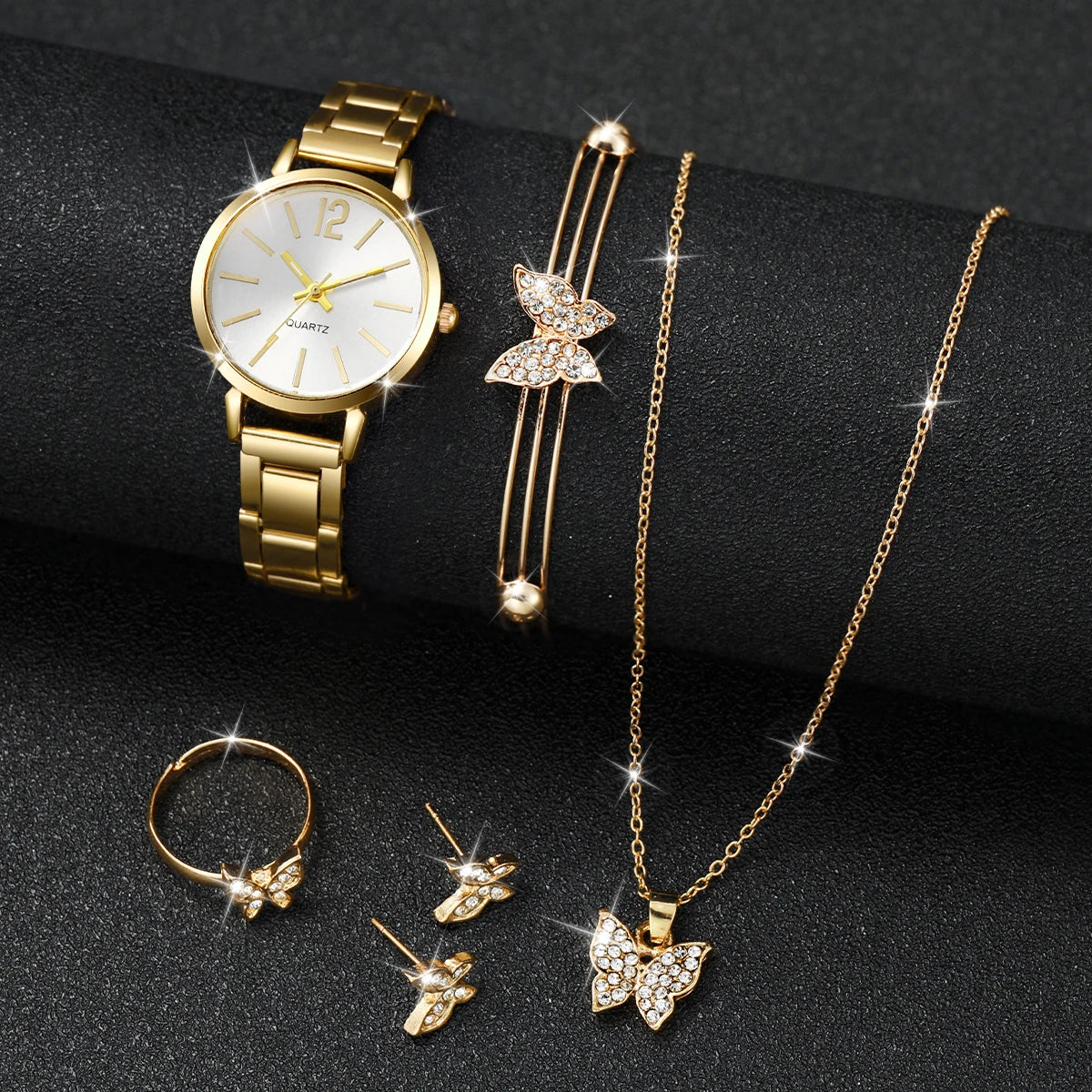 Women's 6pcs Quartz Watch & Butterfly Jewelry Set - Alloy Band, 29mm, Arabic Numeral, No Box