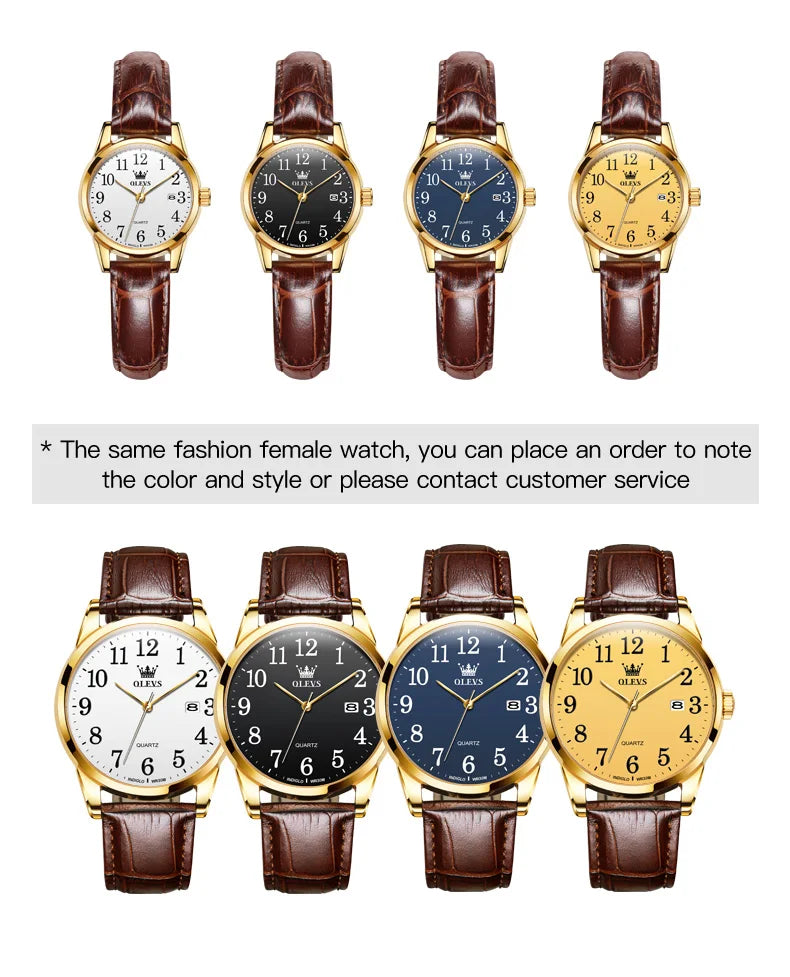 OLEVS 5566 Watch - Fashion Quartz, Leather Strap, Waterproof, Arabic Numeral, Men & Women