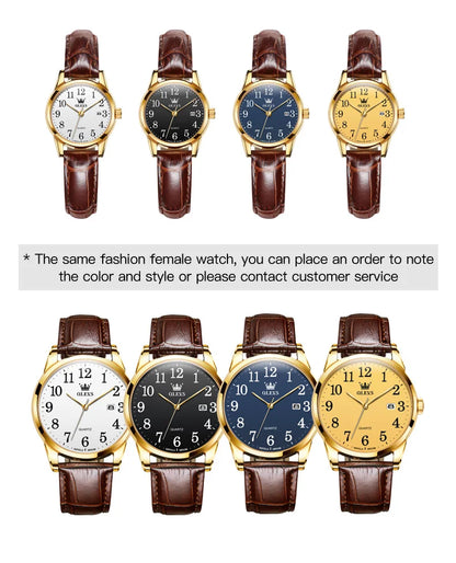 OLEVS 5566 Watch - Fashion Quartz, Leather Strap, Waterproof, Arabic Numeral, Men & Women