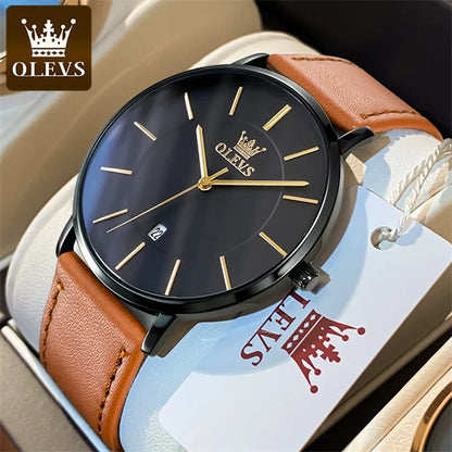 OLEVS 5869 Men's Watch - Ultra Thin 6.5mm, Minimalist, Leather Strap, Waterproof, Auto Date