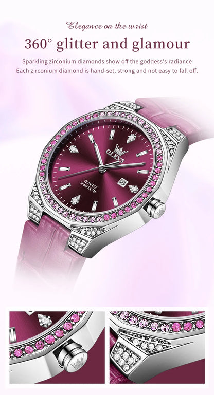 OLEVS 5606 Original Diamond Watch - Leather Strap, 3M Waterproof, Luminous