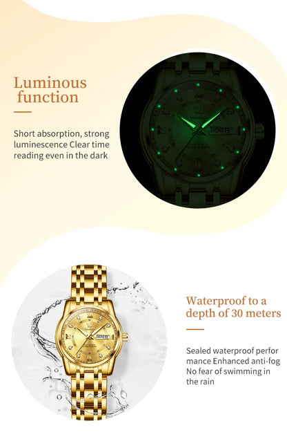 OLEVS 5513 Couple Watch - Stainless Steel, Waterproof, Luxury Gold Diamond, Lover's Pair