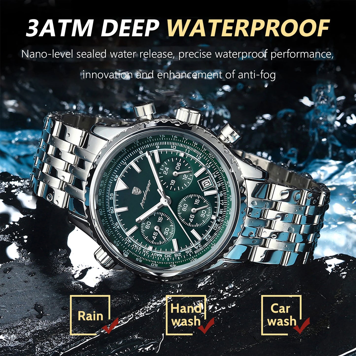 POEDAGAR 960 Men's Luxury Chronograph Watch - Stainless Steel, Luminous, 3ATM, Auto Date