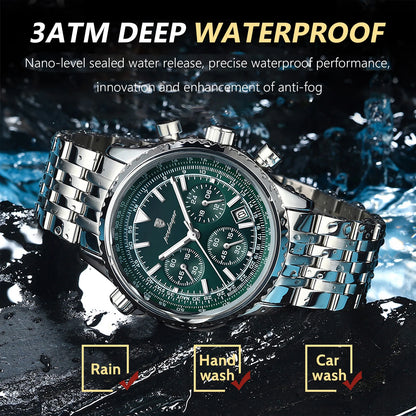 POEDAGAR 960 Men's Luxury Chronograph Watch - Stainless Steel, Luminous, 3ATM, Auto Date
