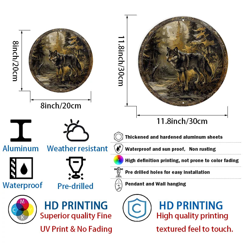 Wolf in Forest Aluminum Metal Wall Art - Round Sign, Waterproof