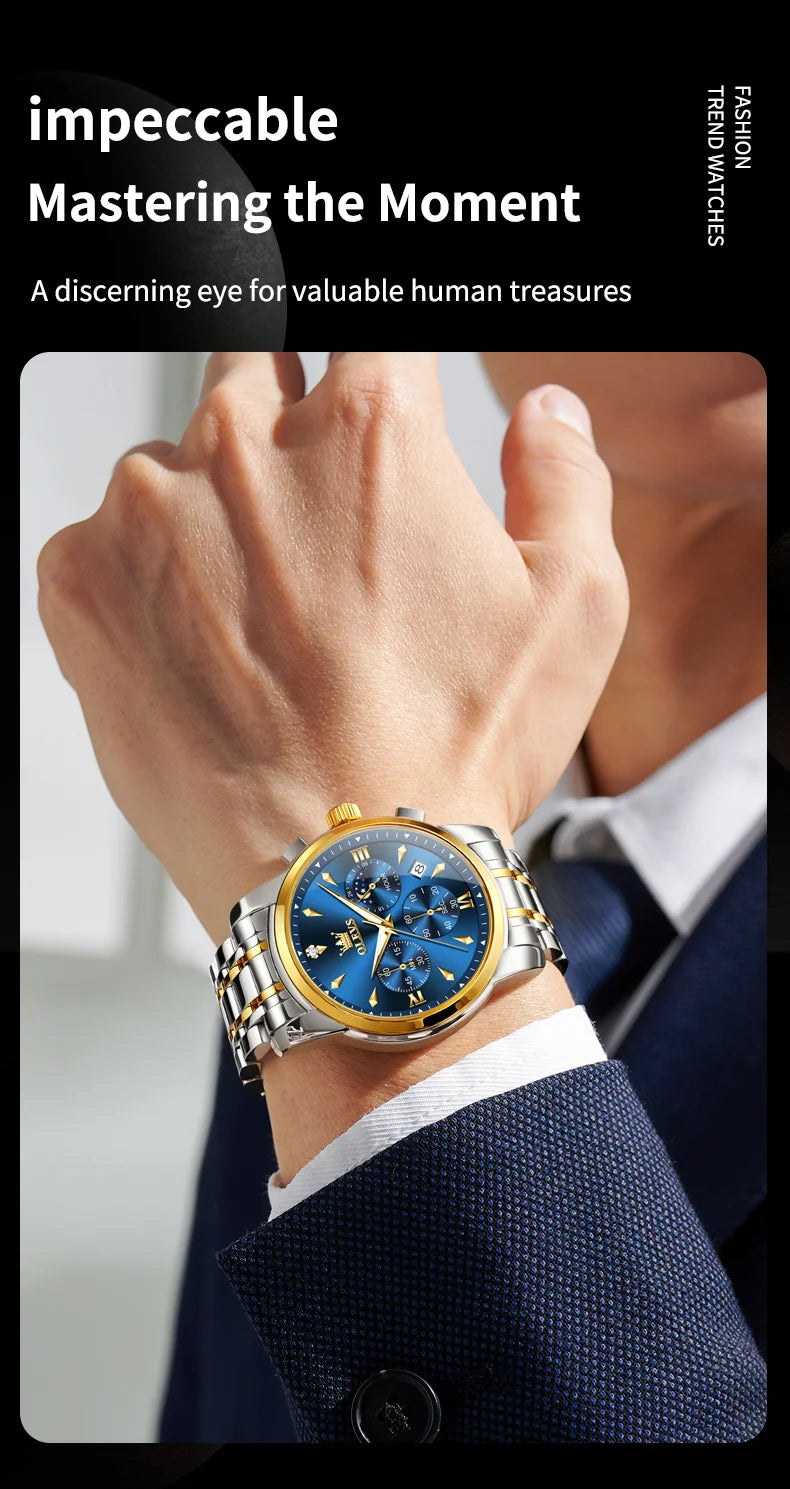OLEVS Moon Phase Watch - Gold Blue Stainless Steel Chronograph
