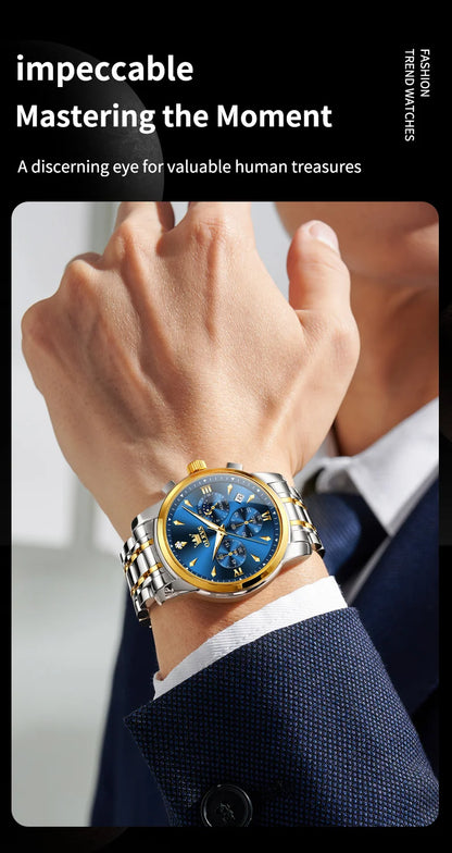 OLEVS Moon Phase Watch - Gold Blue Stainless Steel Chronograph