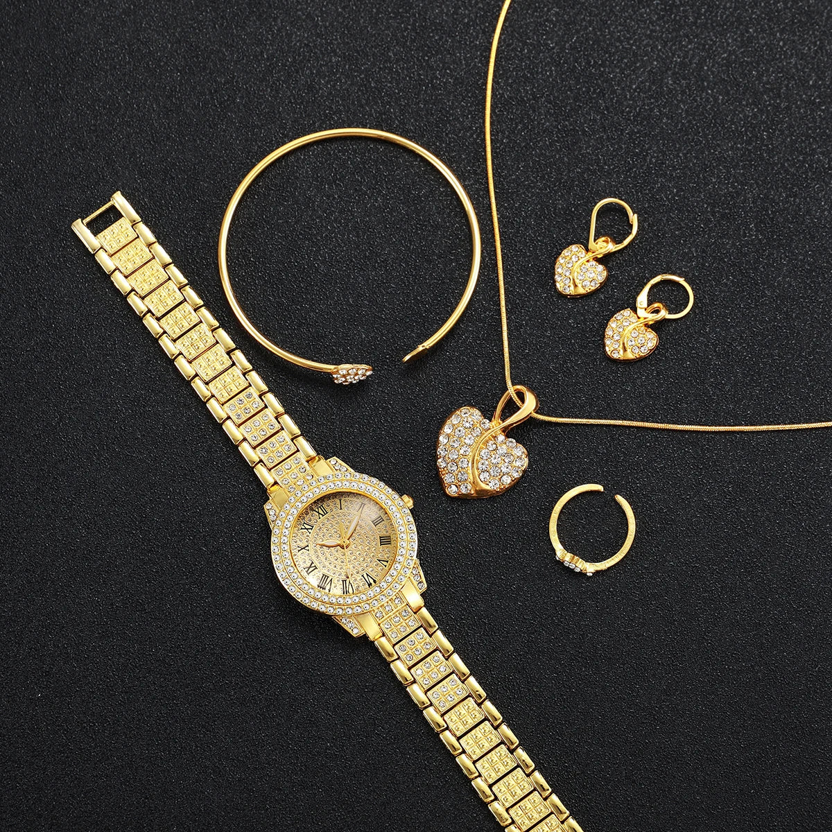 Women's Diamond Roman Numeral Quartz Watch & Heart Jewelry Set - Alloy Band, 32mm, No Box