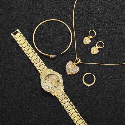 Women's Diamond Roman Numeral Quartz Watch & Heart Jewelry Set - Alloy Band, 32mm, No Box