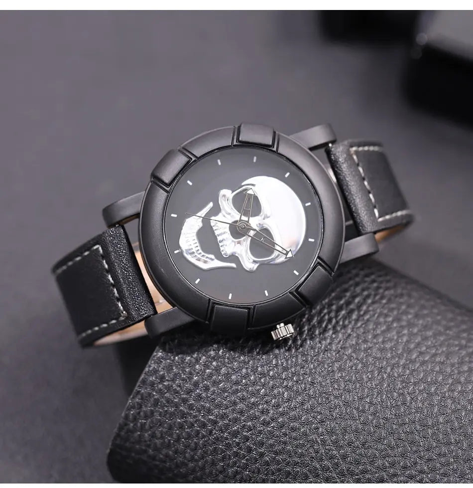 DEYROS 3pcs Men's Skull Quartz Watch Set - Watch, Necklace & Bracelet, Stainless Steel, Hardlex