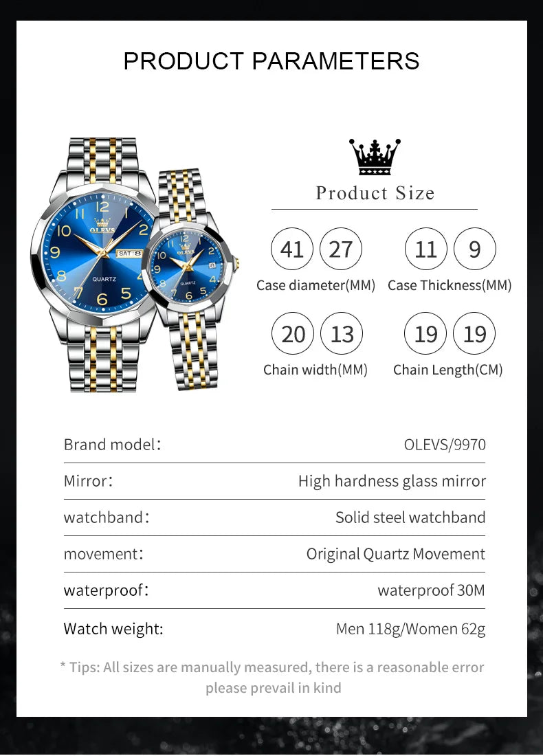 OLEVS 9970 Couple Watch - Luxury, Stainless Steel, Waterproof, Calendar, Digital Dial, Rhombus Mirror
