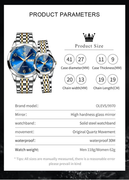 OLEVS 9970 Couple Watch - Luxury, Stainless Steel, Waterproof, Calendar, Digital Dial, Rhombus Mirror