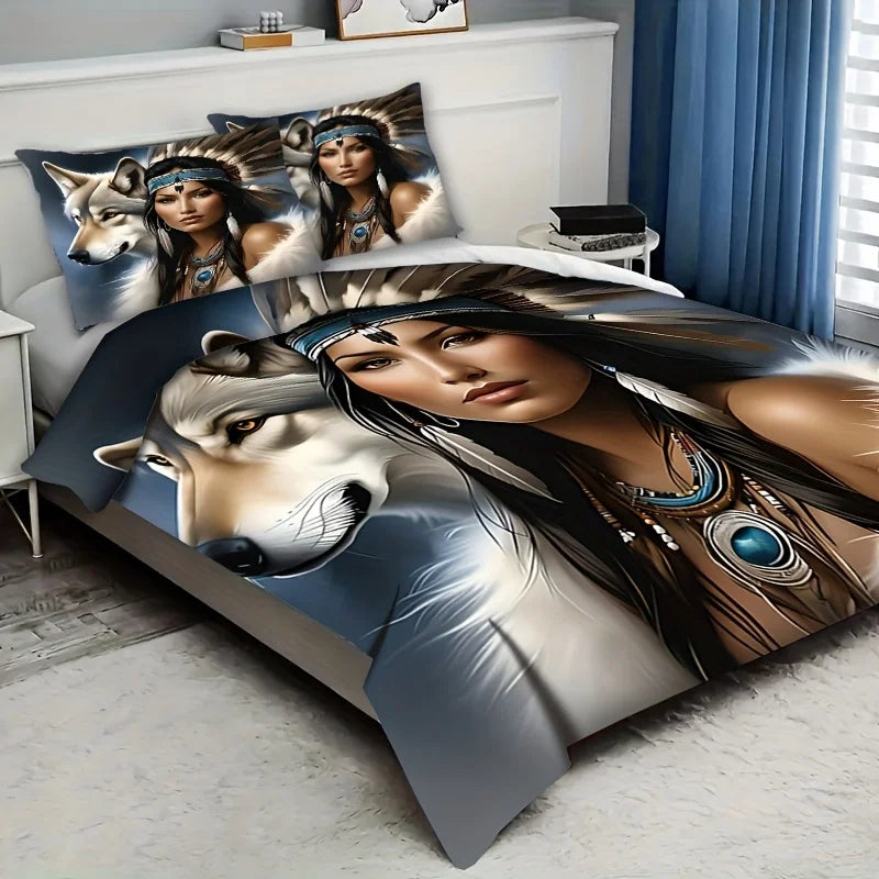 Wolf Feather 3D Bedding Set - Polyester Duvet Cover Pillowcase