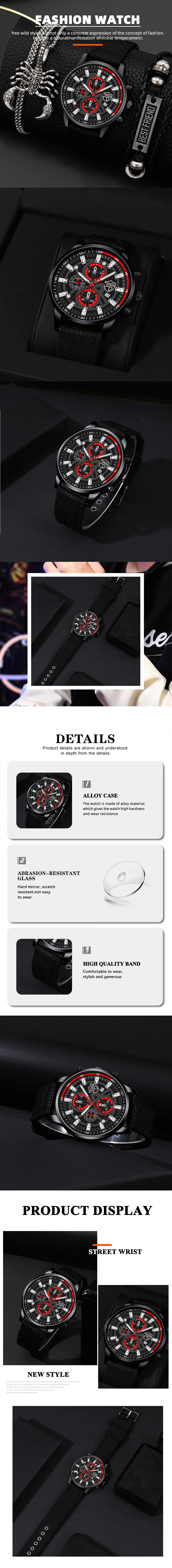 DEYROS 3pcs Men's Quartz Watch, Necklace & Bracelet Set - Nylon Band, Hardlex, Numberless Dial