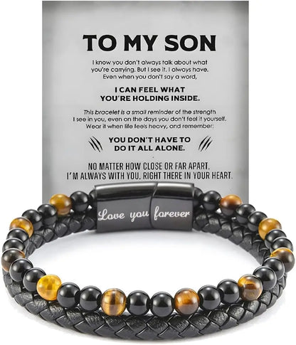 To My Son Tiger Eye Bracelet - Leather Beaded Protection Bracelet