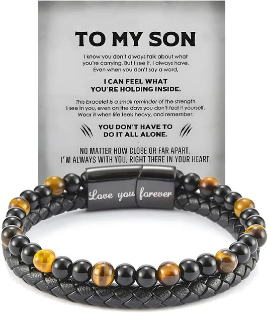To My Son Tiger Eye Bracelet - Leather Beaded Protection Bracelet