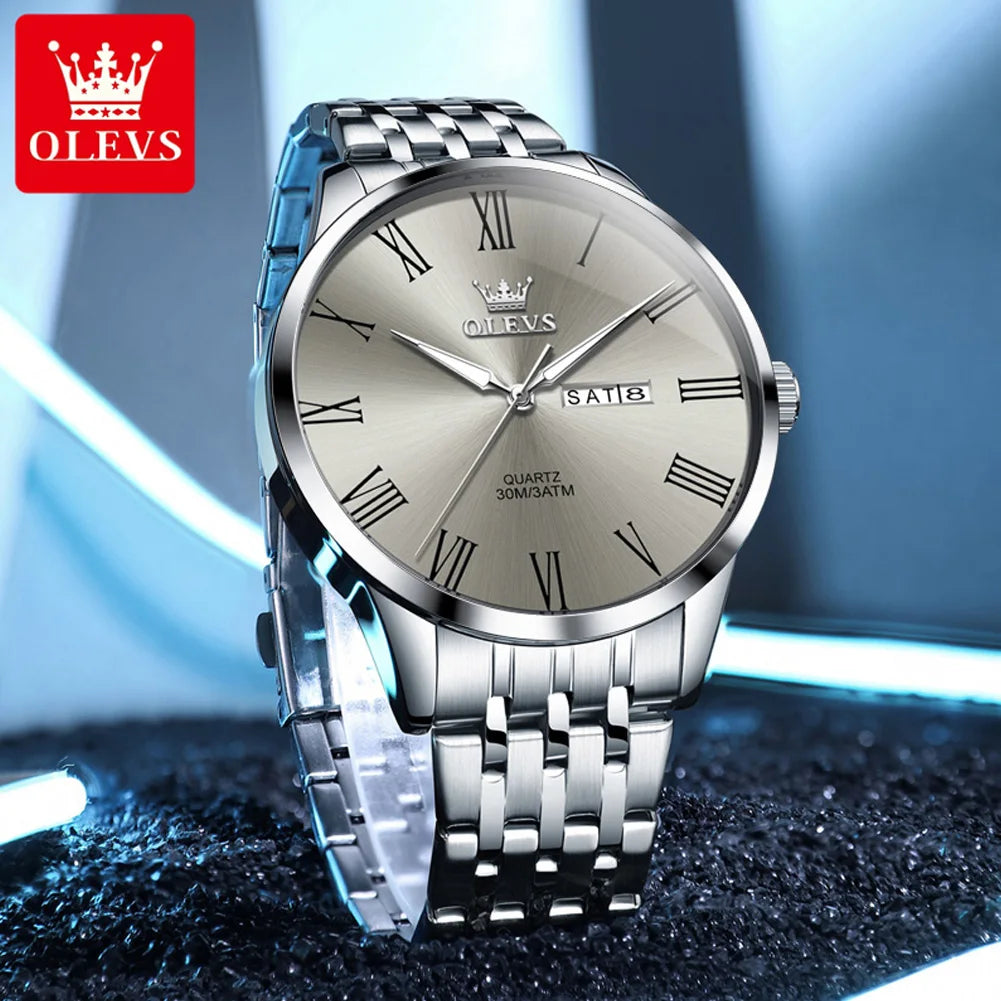 OLEVS 3633 Men's Watch - Business Simple, Waterproof, Luminous, Stainless Steel, Dual Calendar
