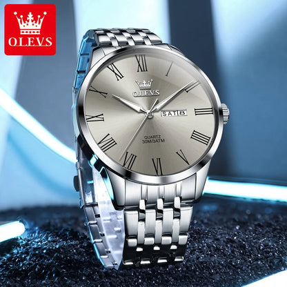 OLEVS 3633 Men's Watch - Business Simple, Waterproof, Luminous, Stainless Steel, Dual Calendar