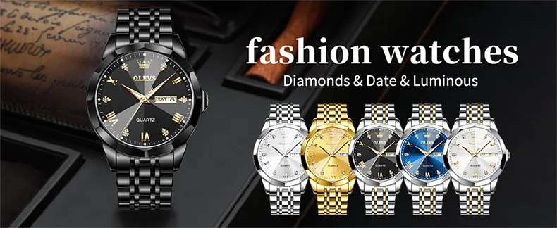 OLEVS 9931 Men's Watch - Rhombus Mirror, Waterproof, Luminous, Stainless Steel, Date Week