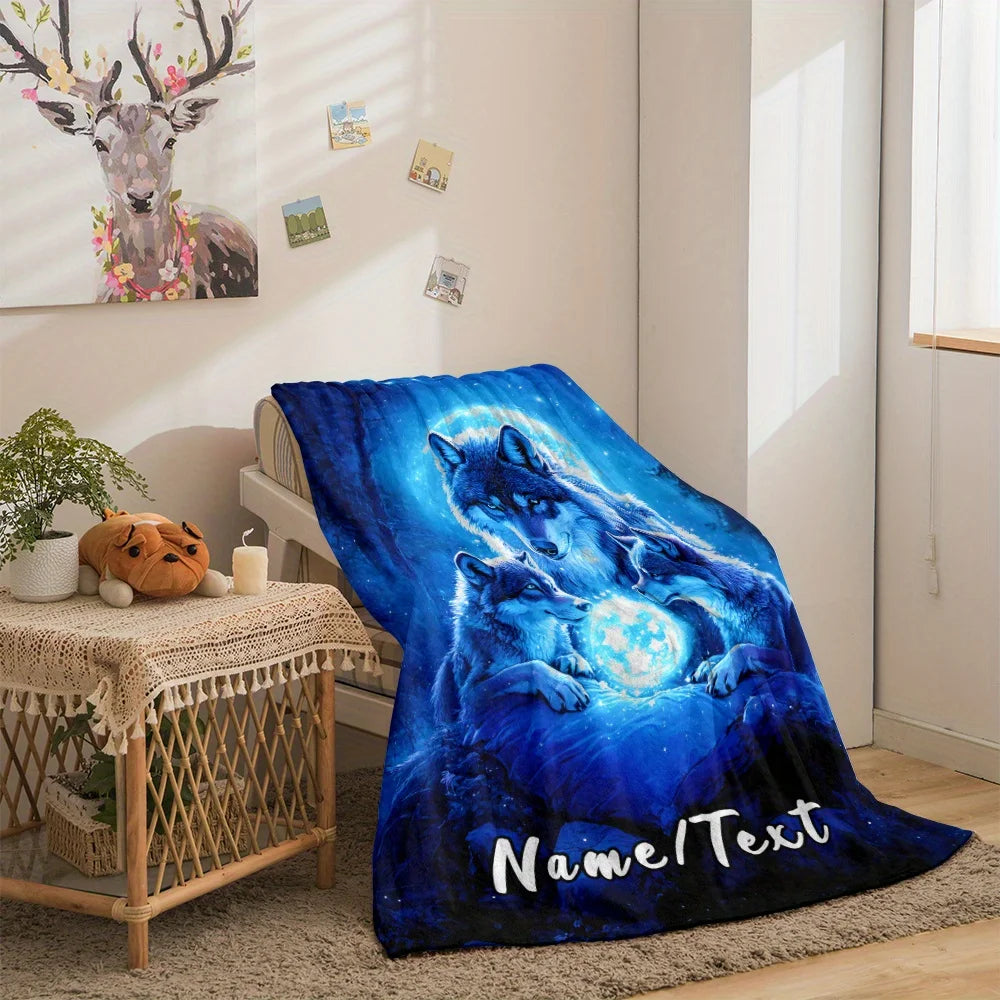 Custom Name Wolf King Flannel Blanket - Polyester Coral Fleece Throw