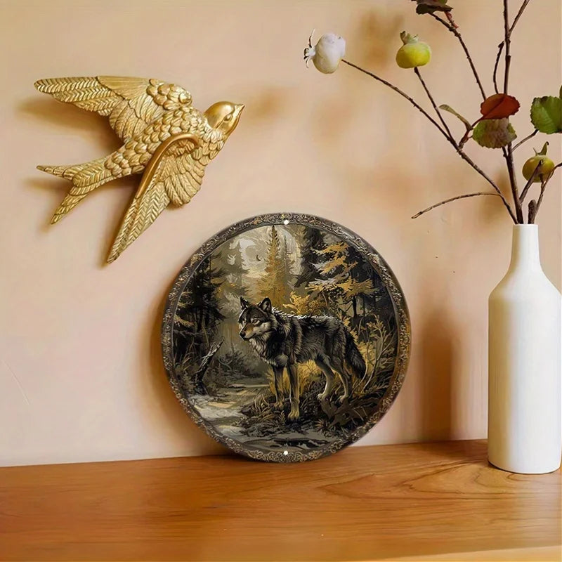 Wolf in Forest Aluminum Metal Wall Art - Round Sign, Waterproof