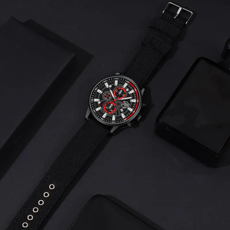 DEYROS 3pcs Men's Quartz Watch, Necklace & Bracelet Set - Nylon Band, Hardlex, Numberless Dial