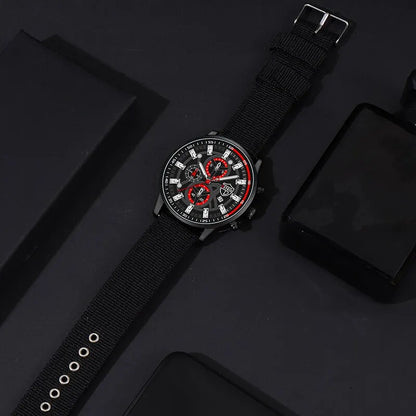 DEYROS 3pcs Men's Quartz Watch, Necklace & Bracelet Set - Nylon Band, Hardlex, Numberless Dial