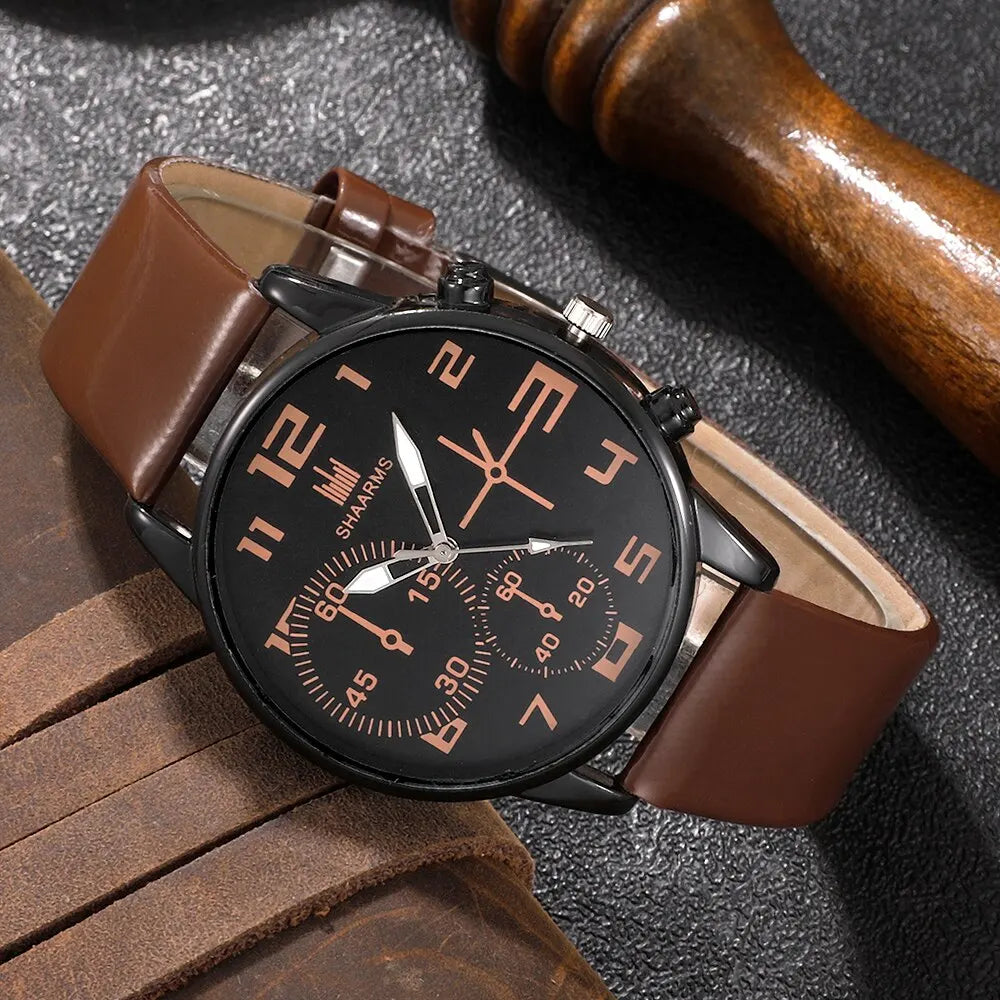 Men's 5pcs Retro Big Dial Quartz Watch & Bracelet Set - Leather Band, Arabic Numeral, 41mm