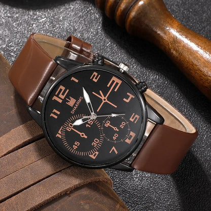 Men's 5pcs Retro Big Dial Quartz Watch & Bracelet Set - Leather Band, Arabic Numeral, 41mm