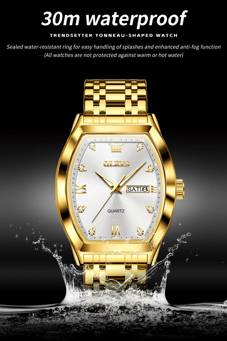 OLEVS 5528 Men's Watch - Luxury Gold, Tonneau Dial, Waterproof, Luminous, Business