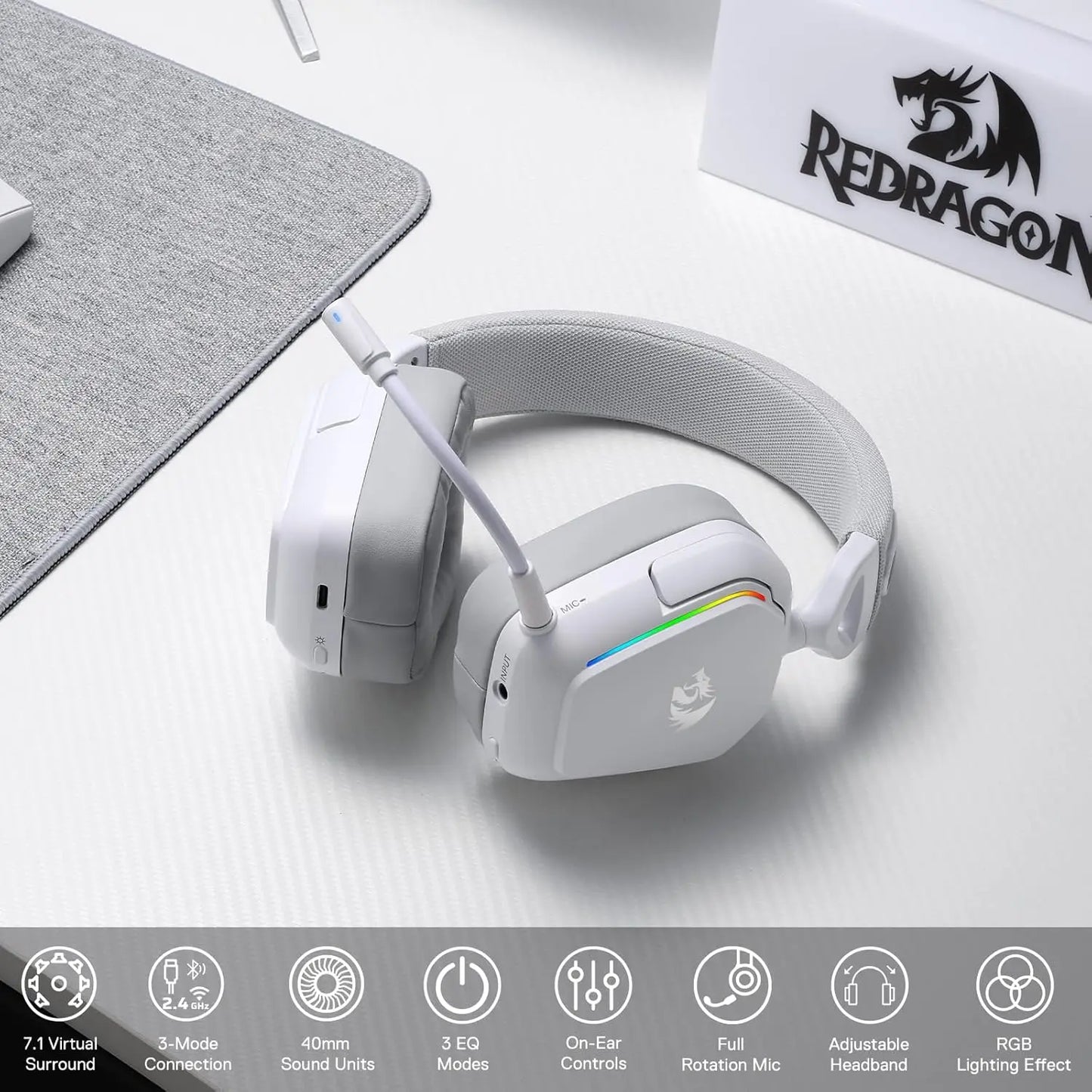 Redragon H868 Wireless RGB Gaming Headset - 7.1 Surround, 3-Mode Connection