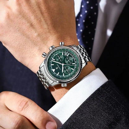 POEDAGAR 960 Men's Luxury Chronograph Watch - Stainless Steel, Luminous, 3ATM, Auto Date