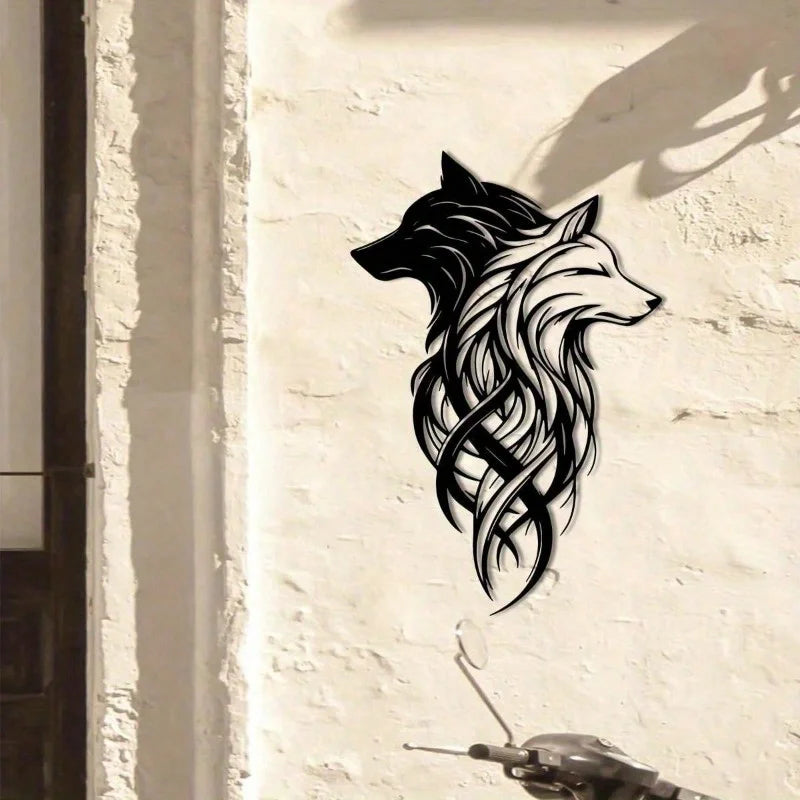 Twin Wolf Metal Wall Sculpture - Black & White Wrought Iron Set