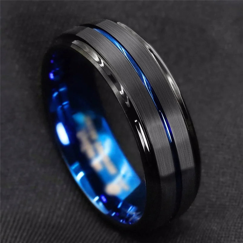 Black Tungsten Wedding Ring - 8mm Blue Groove Band