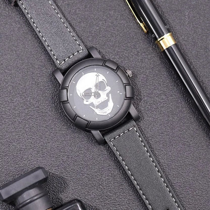 DEYROS 3pcs Men's Skull Quartz Watch Set - Watch, Necklace & Bracelet, Stainless Steel, Hardlex
