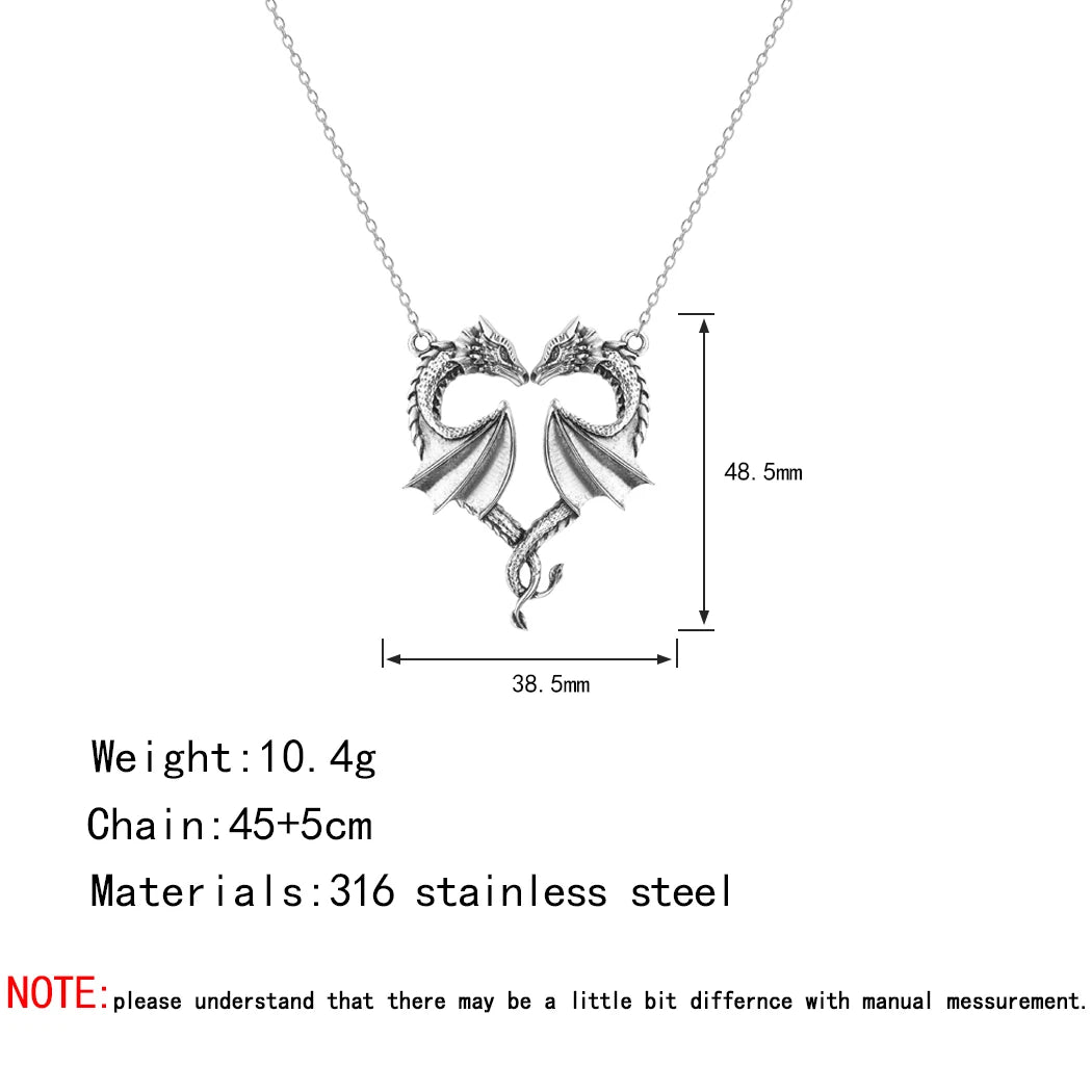 Dragon Heart Pendant Necklace – Stainless Steel, Silver, Love Symbol