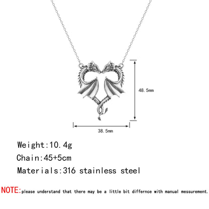 Dragon Heart Pendant Necklace – Stainless Steel, Silver, Love Symbol