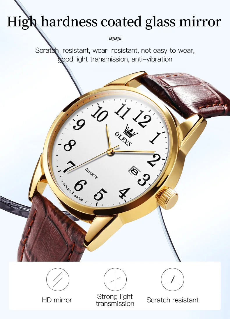 OLEVS 5566 Watch - Fashion Quartz, Leather Strap, Waterproof, Arabic Numeral, Men & Women