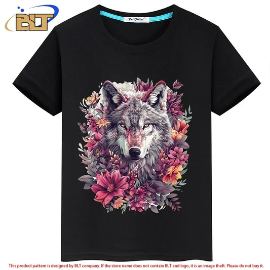 Wolf Print Kids T-Shirt - Black Short Sleeve Sports Top