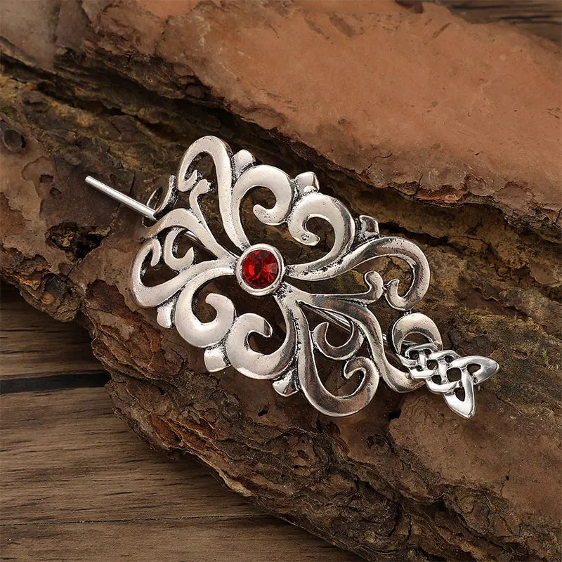 Celtic Knot Gemstone Hairpin – Viking Style, Metal Alloy, Blue & Red
