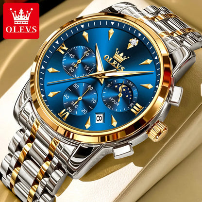 OLEVS Moon Phase Watch - Gold Blue Stainless Steel Chronograph