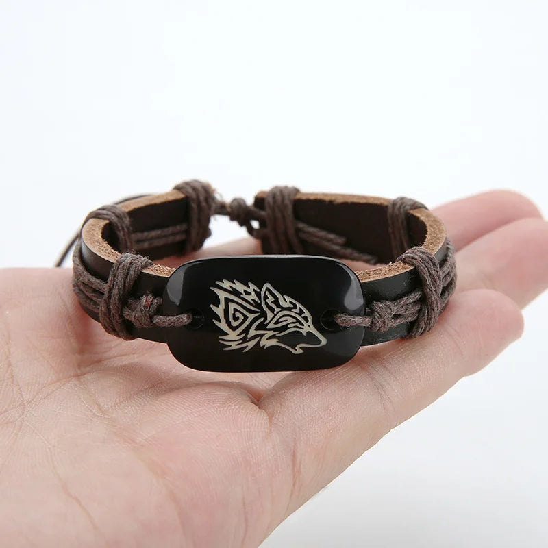 Wolf Pendant Leather Bracelet - Adjustable Tribal Wristband for Men