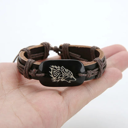 Wolf Pendant Leather Bracelet - Adjustable Tribal Wristband for Men