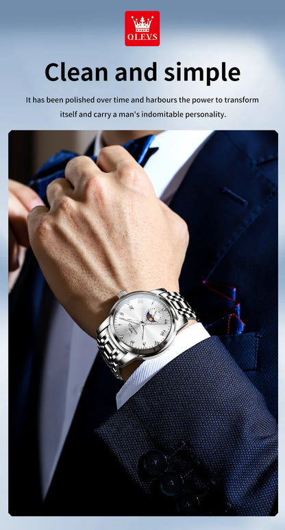OLEVS Top Brand Men's Watches Fashion Original Quartz Watch for Man Waterproof Stainless Steel Luminous Wristwatch Moon Phase