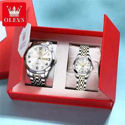 OLEVS 9970 Couple Watch - Luxury, Stainless Steel, Waterproof, Calendar, Digital Dial, Rhombus Mirror